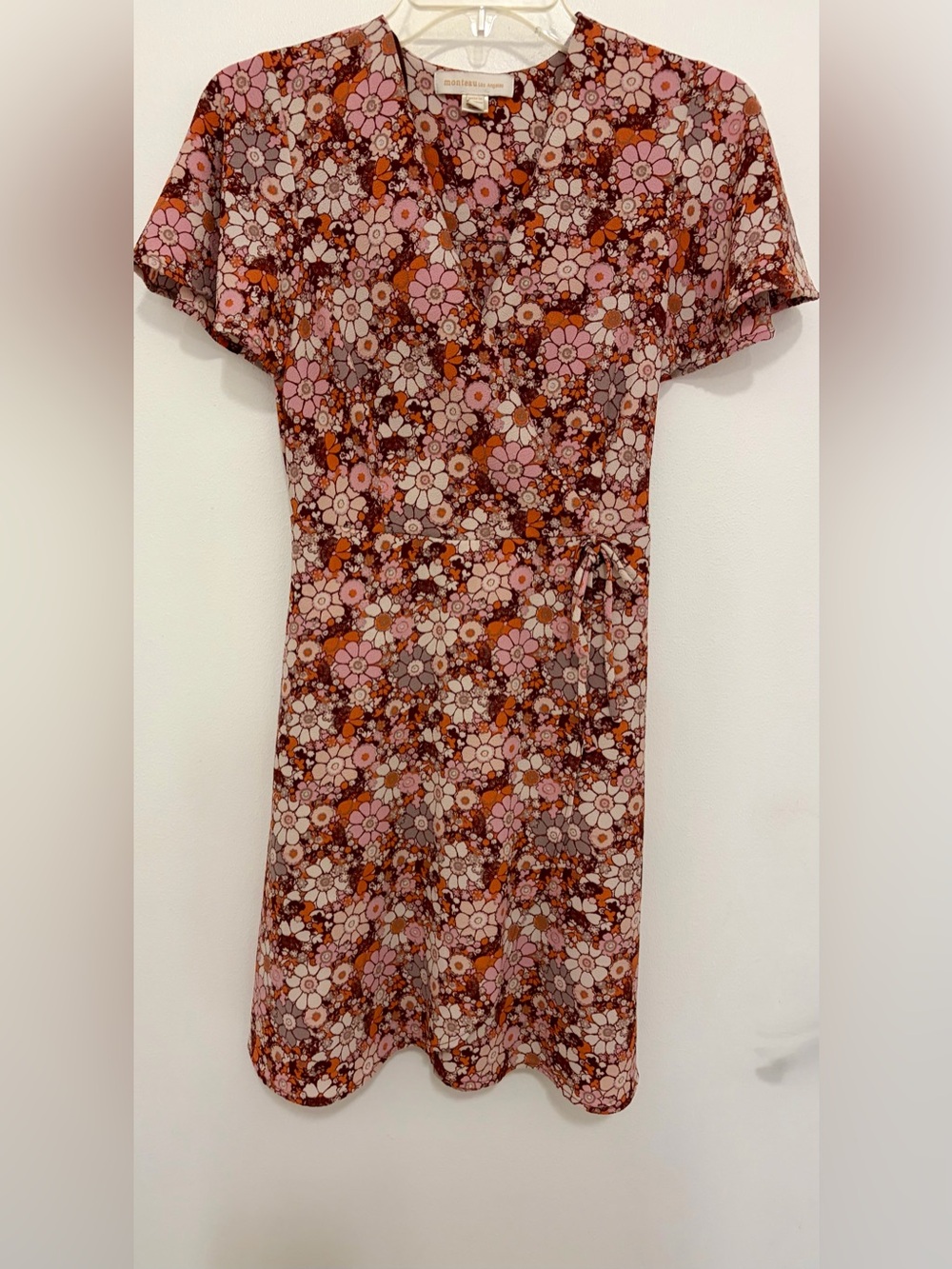Monteau Floral Tie-Waist Short Sleeve Dress in Pink and Brown
